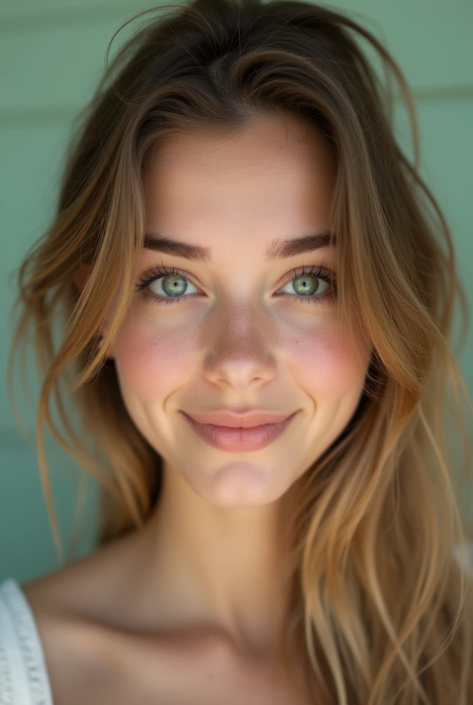 Young 22-year-old Caucasian woman, green eyes, rounded eye shape, cute gaze, full lips, diamond-shaped face, small nose, curved round eyebrows.