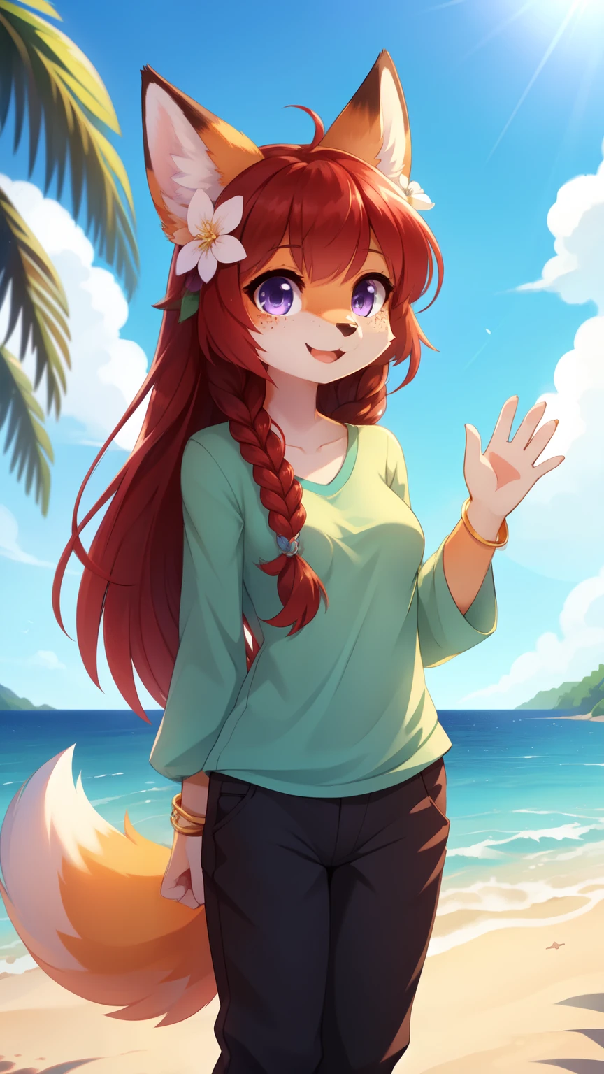 1girl, solo, furry female, outdoors, animal ears, hair flower, green shirt, long hair, furry, hair ornament, flower, day, tail, shirt, pants, ocean, fox girl, looking at viewer, sky, full body, fox ears, jewelry, fox tail, blue sky, animal nose, hand up, bracelet, standing, cloud, waving, white flower, black pants, swept bangs, blue eyes, smile, red hair, closed mouth, water, braid, horizon, body fur, breasts, brown hair, hair between eyes, brown fur, purple eyes, beach, snout, happy, small breasts, freckles, long sleeves, blurry, bangle, backlighting