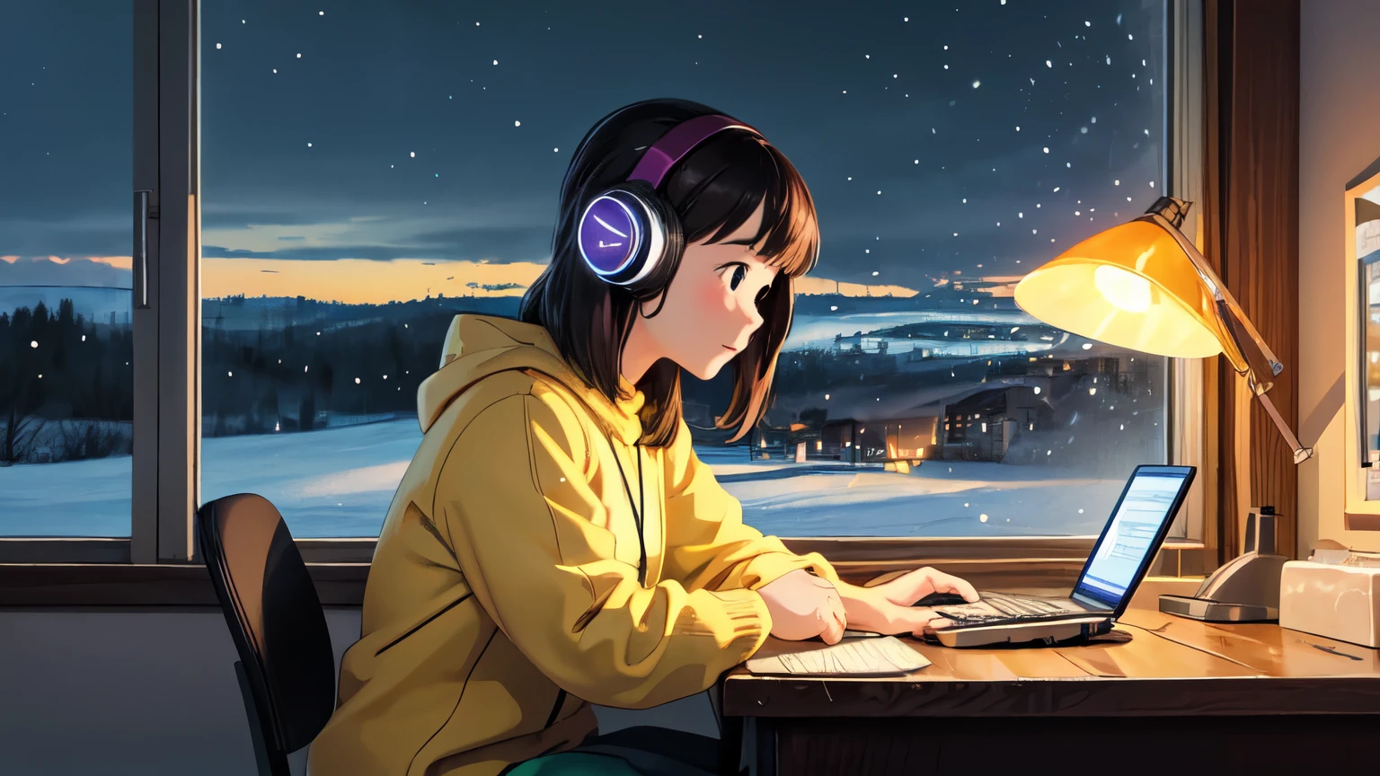 A digital painting of a young woman working on a computer while sitting at a desk in a snowy evening. She is wearing a cozy sweater with headphones on. A warm desk lamp is shining on the scene, and the window behind her shows the countryside scene with hazy lights and snow falling on the glass. The atmosphere is calm and concentrated, with computer screens and city lights giving a subtle glow in the background.