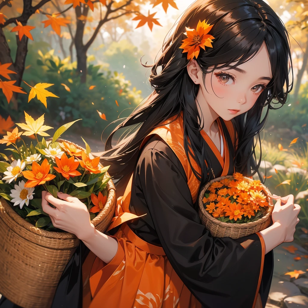 A beautiful female black hair in black hanfu dress , Holding a large woven basket that full of flower in the forest,close up

The backdrop is a mountain that turns orange-red in spring, and maple leaves fall from the trees.