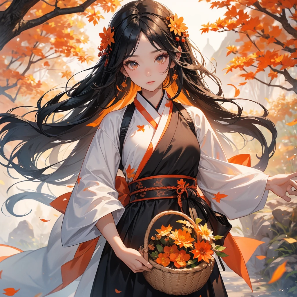 A beautiful female black hair in black hanfu dress , Holding a large woven basket that full of flower in the forest,close up

The backdrop is a mountain that turns orange-red in spring, and maple leaves fall from the trees.