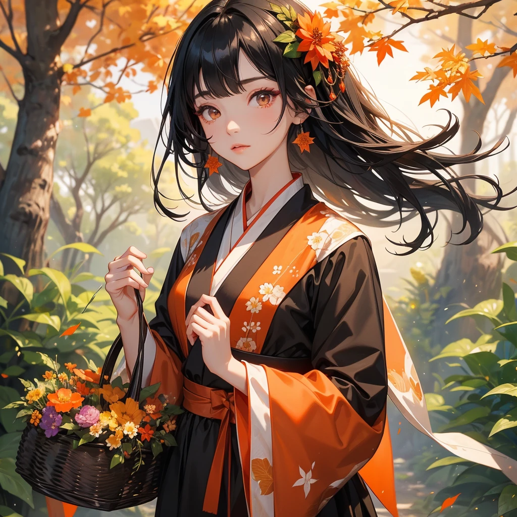 A beautiful female black hair in black hanfu dress , Holding a large woven basket that full of flower in the forest,close up
The backdrop is a mountain that turns orange-red in spring, and maple leaves fall from the trees.