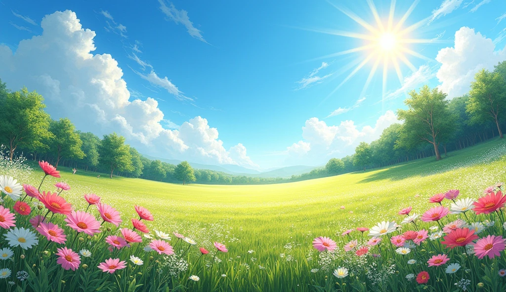 A bright August daytime view in summer. The spreading flower fields are in full bloom with pink and white flowers, and the sun shines brightly. The sky is a clear blue, with few clouds and strong sunlight casting shadows on the earth. The trees in the distance are dark green, expressing the vividness of summer. Overall, bright, warm light fills the scene, vividly depicting the beauty of nature.” Paint in the style of a watercolor painting.

Translated with DeepL.com (free version)