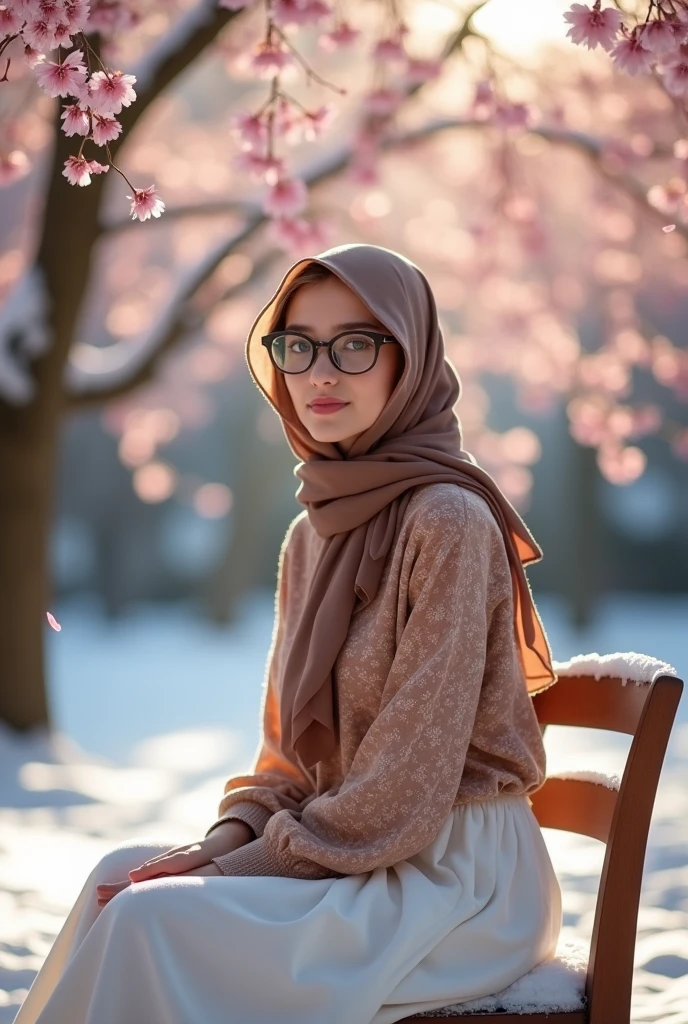 Portrait of a  Russian girl wearing a hijab but, wearing glasses wearing a brown floral patterned shirt and a long white skirt sitting on a chair near the garden in the yard,and lots of snow and surrounded by beautiful cherry blossom trees facing the camera , the afternoon sunlight shone on her hair