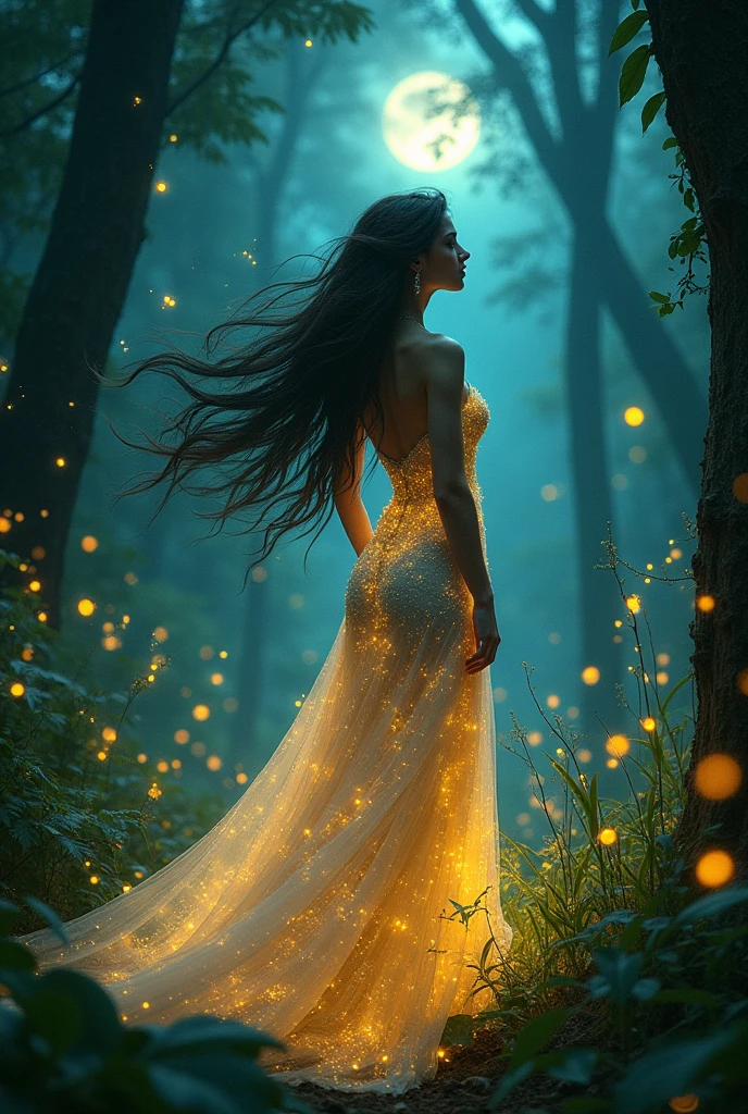 One person, ,,Smile more, High-resolution images, woman, Her hair was decorated with glowing fireflies, Captivatingly shining eyes. Wearing a gown woven with moonlight, She is a tree々Standing in a vibrant and mysterious forest. scene, Surrounded by the fantastic light of fireflies, captured in the style of a magical forest arツーork., (masterpiece, Highest quality, Official Art,Intricate details:1.2)