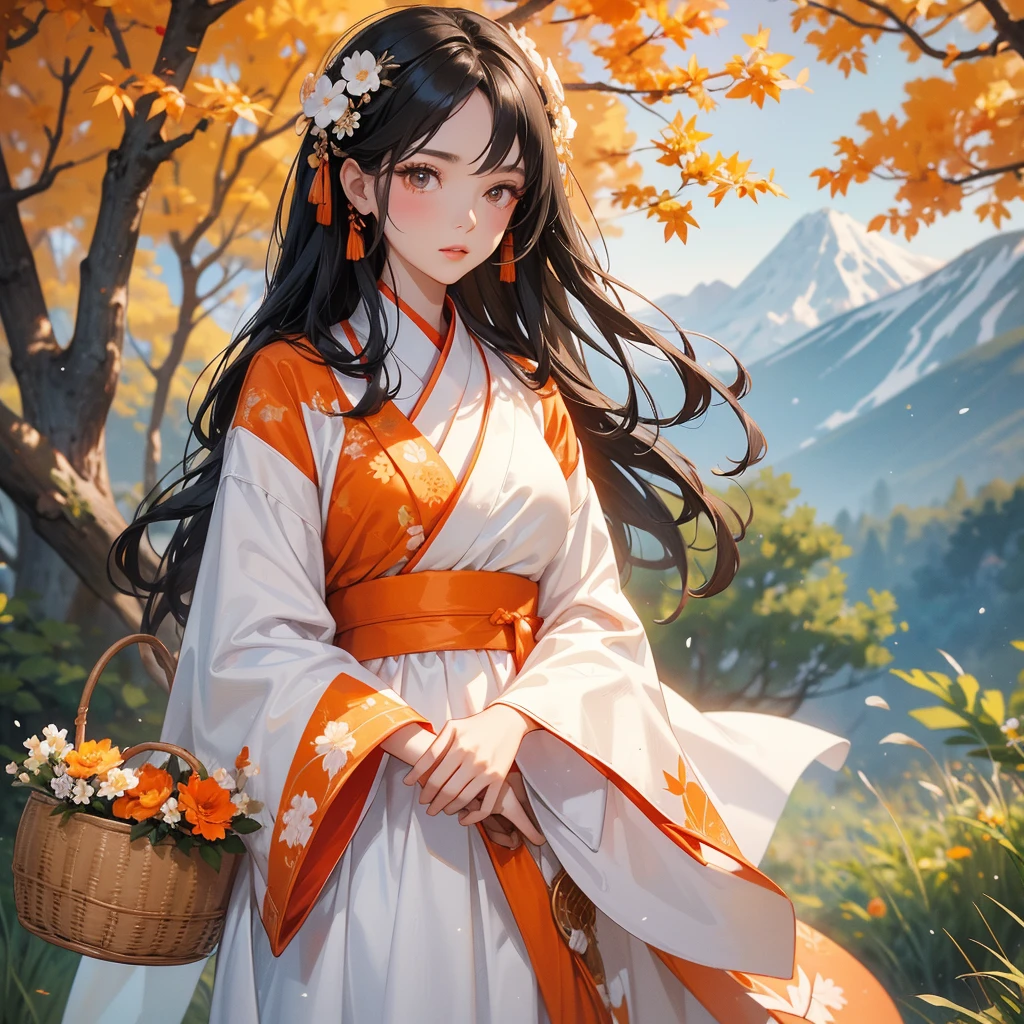 A beautiful female black hair in white hanfu dress , Holding a large woven basket that full of flower in the forest,close up
The backdrop is a mountain that turns orange-red in spring, and maple leaves fall from the trees.