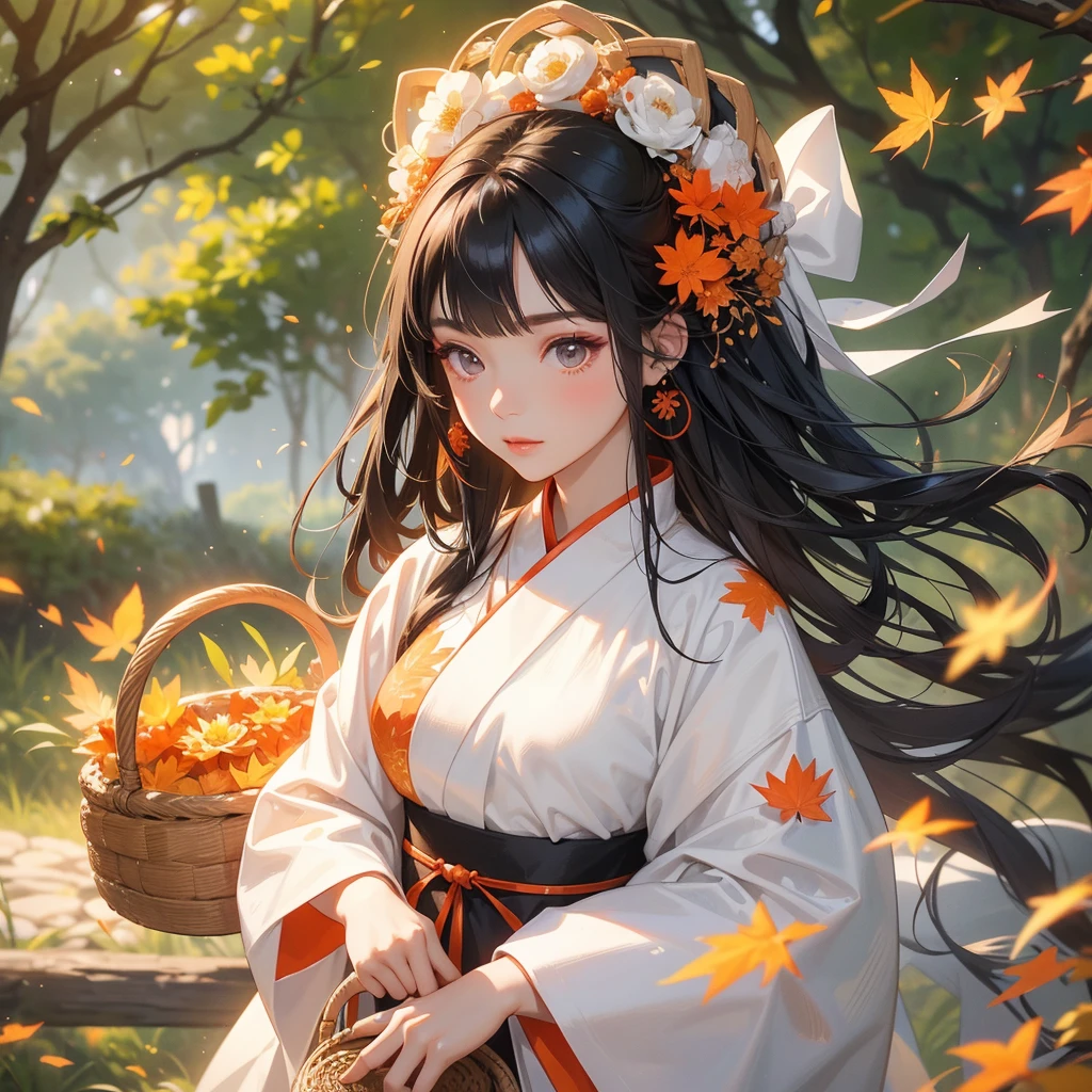 A beautiful female black hair in white hanfu dress , Holding a large woven basket that full of flower in the forest,close up

The backdrop is a mountain that turns orange-red in spring, and maple leaves fall from the trees.