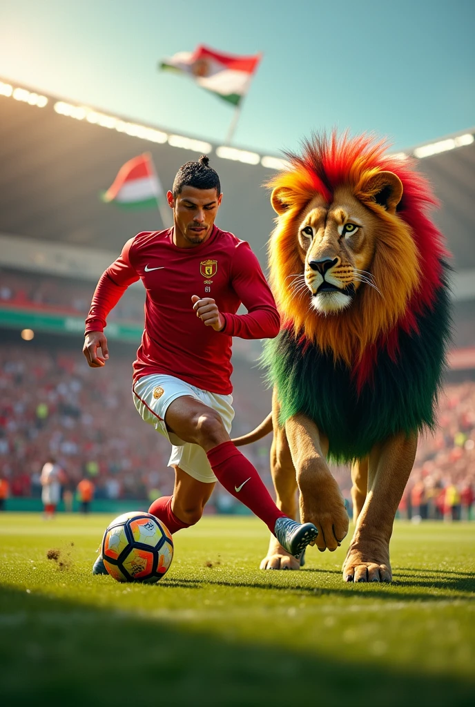 draw a picture that includes footballer Cristiano Ronaldı and a lion with colour of red, yellow and green. Without barcelona. 