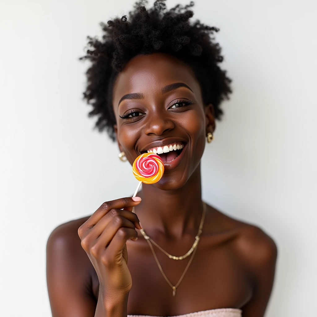 Sexy black model, smile, portrait, pose, lollipop, plain white background, studio shoot