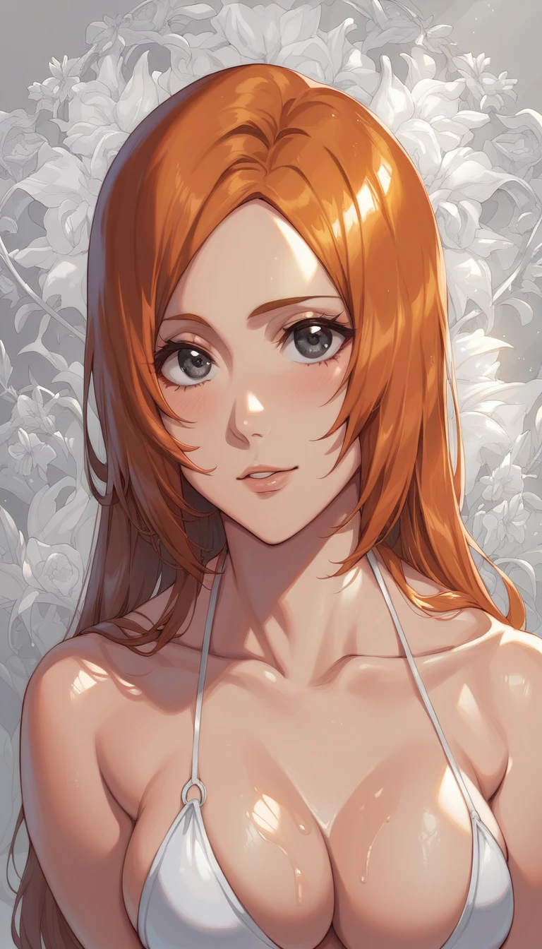 score_9, score_8_up, score_7_up, detailed eyes, beautiful, detailed background, face focus, masterpiece, best quality, looking at viewer, oiled up, inoue orihime, orange hair, grey eyes, long hair, 1girl, solo, hourglass figure, white bikini