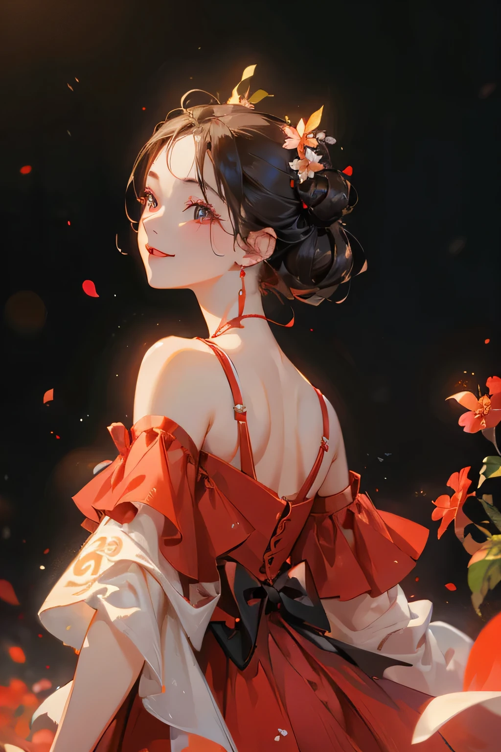 Best quality, masterpiece, ultra high res, (photorealistic:1.4), raw photo, 1girl, red dress, off shoulder, black eyes, blossom flower field, glowing skin, big black bun in her back hair, light smile, accurate, detailed
