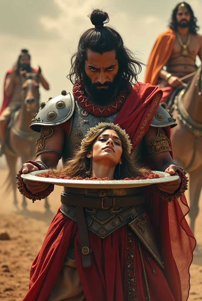A rajput warrior is holding A severed head of a beautiful hindu rajput princess in a plate in front of hindu king ( who is sitting on the horse)