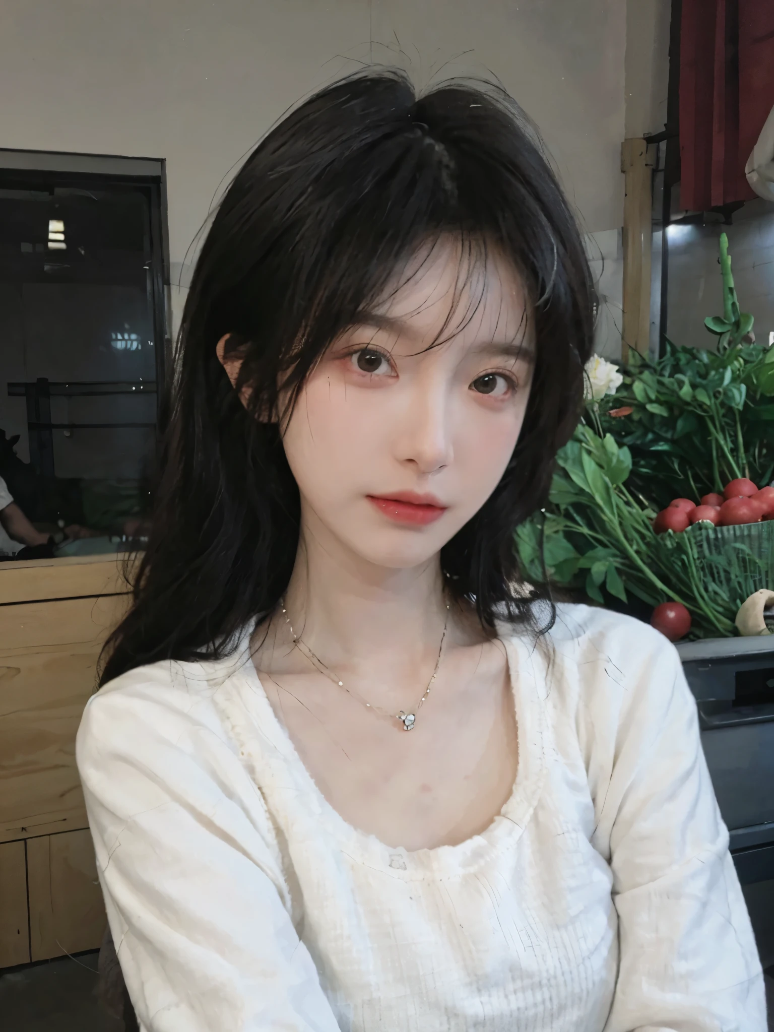 Best quality,Ultra-high resolution,(Realism:1.4),Cute hairpins,girll,Cropped black sweater,Look directly at the audience,Full of atmosphere,Beautiful woman with a slim figure:1.4,supermarket,whole body,Super delicate face,Exquisite eyes,Double eyelids,necklace