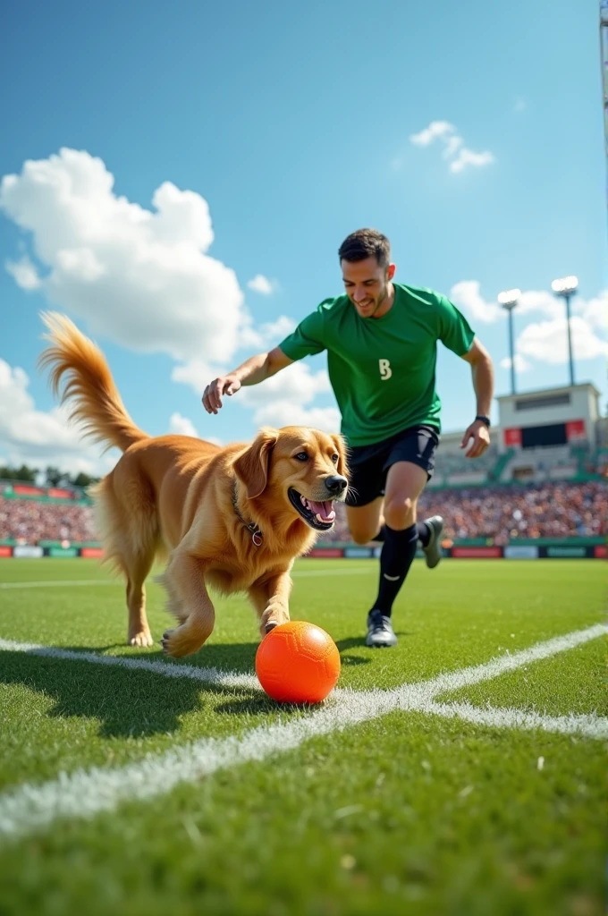 A dog in a football ground playing football with player