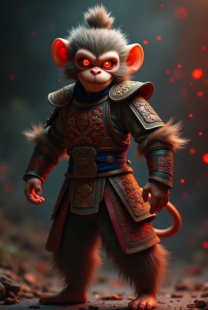 1 person, Fighting Stance, best quality, masterpiece, Perfect body, Delicate face, Perfect anatomical structure, Intricate details,, hair, sun wukong, Wearing Chinese armor, (Fiery Eyes), Delicate eyes, Red glowing eyes, Grin, Expression, Katsuya Terada Son Goku,Hairy face,monkey,Chinese Mythology,Journey to the West,wukong,monkey拟人,The Monkey King,Dark style,Red light spot