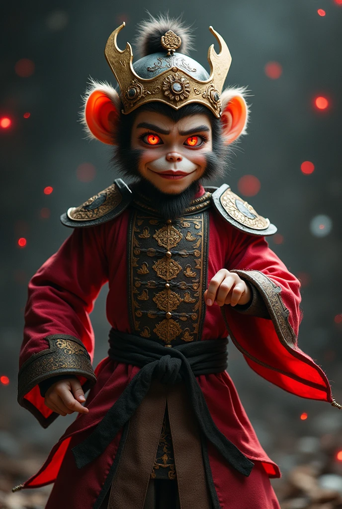 1 person, Fighting Stance, best quality, masterpiece, Perfect body, Delicate face, Perfect anatomical structure, Intricate details,, hair, sun wukong, Wearing Chinese armor, (Fiery Eyes), Delicate eyes, Red glowing eyes, Grin, Expression, Katsuya Terada Son Goku，Hairy face，monkey，Chinese Mythology，Journey to the West，wukong，monkey拟人，The Monkey King，Dark style，Red light spot