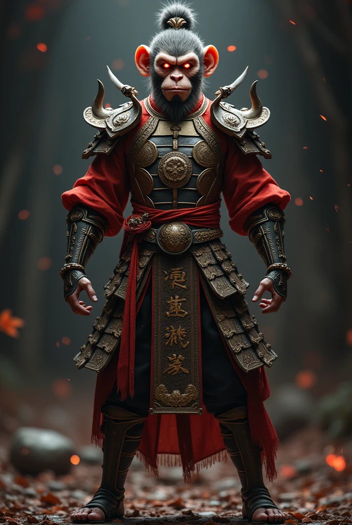 1 person, Fighting Stance, best quality, masterpiece, Perfect body, Delicate face, Perfect anatomical structure, Intricate details,, hair, sun wukong, Wearing Chinese armor, (Fiery Eyes), Delicate eyes, Red glowing eyes, Grin, Expression, Katsuya Terada Son Goku,Hairy face,monkey,Chinese Mythology,Journey to the West,wukong,monkey拟人,The Monkey King,Dark style,Red light spot