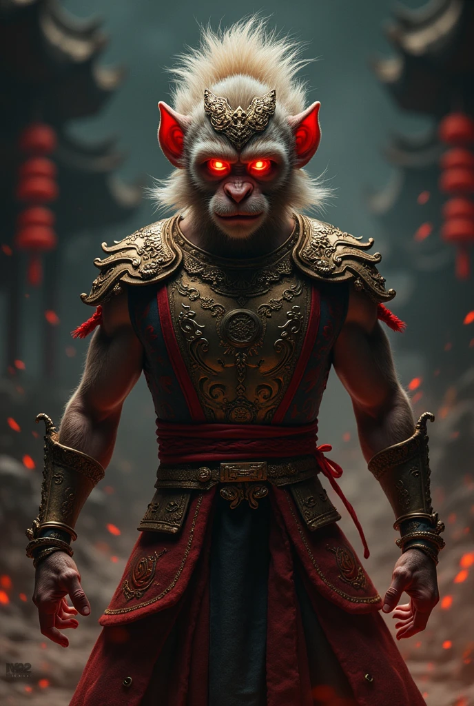 1 person, Fighting Stance, best quality, masterpiece, Perfect body, Delicate face, Perfect anatomical structure, Intricate details,, hair, sun wukong, Wearing Chinese armor, (Fiery Eyes), Delicate eyes, Red glowing eyes, Grin, Expression, Katsuya Terada Son Goku,Hairy face,monkey,Chinese Mythology,Journey to the West,wukong,monkey拟人,The Monkey King,Dark style,Red light spot