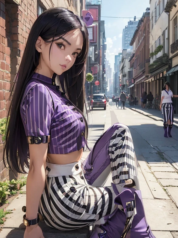 Young Asian  beautiful woman, a brown tanned complexion, long straight dark black hair, striking almond-shaped dark brown eyes, and a frame:1.6)), ((Sophie Tan:1.5)), posing on a city street, wearing ((a black cropped top with white stripes, black high-waisted pants with buttons, and purple ankle boots:1.6)). She is striking a fashionable pose with one hand on her hip and the other adjusting her red sunglasses. The background features a bustling city street. The scene is captured with a ((full-frame DSLR:1.4)) using a ((50mm prime lens:1.4)) to keep Sophie in sharp focus while slightly blurring the background. Professional lighting enhances her natural features and the trendy outfit. The image should be in ((8K resolution:1.5)) with ((hyper-realistic detail:1.6)). The focus is on Sophie’s trendy street style, her confident pose, and the vibrant city setting.]]