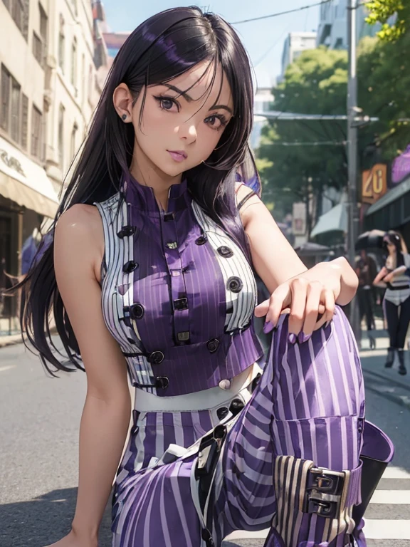 Young Asian  beautiful woman, a brown tanned complexion, long straight dark black hair, striking almond-shaped dark brown eyes, and a frame:1.6)), ((Sophie Tan:1.5)), posing on a city street, wearing ((a black cropped top with white stripes, black high-waisted pants with buttons, and purple ankle boots:1.6)). She is striking a fashionable pose with one hand on her hip and the other adjusting her red sunglasses. The background features a bustling city street. The scene is captured with a ((full-frame DSLR:1.4)) using a ((50mm prime lens:1.4)) to keep Sophie in sharp focus while slightly blurring the background. Professional lighting enhances her natural features and the trendy outfit. The image should be in ((8K resolution:1.5)) with ((hyper-realistic detail:1.6)). The focus is on Sophie’s trendy street style, her confident pose, and the vibrant city setting.]]