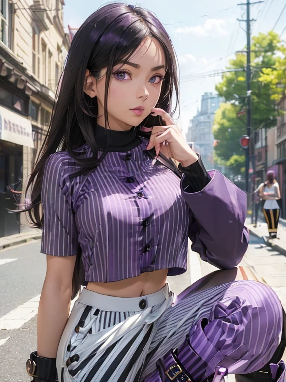 Young Asian  beautiful woman, a brown tanned complexion, long straight dark black hair, striking almond-shaped dark brown eyes, and a frame:1.6)), ((Sophie Tan:1.5)), posing on a city street, wearing ((a black cropped top with white stripes, black high-waisted pants with buttons, and purple ankle boots:1.6)). She is striking a fashionable pose with one hand on her hip and the other adjusting her red sunglasses. The background features a bustling city street. The scene is captured with a ((full-frame DSLR:1.4)) using a ((50mm prime lens:1.4)) to keep Sophie in sharp focus while slightly blurring the background. Professional lighting enhances her natural features and the trendy outfit. The image should be in ((8K resolution:1.5)) with ((hyper-realistic detail:1.6)). The focus is on Sophie’s trendy street style, her confident pose, and the vibrant city setting.]]