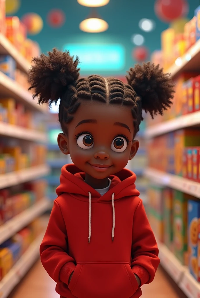 A Pixar black boy wearing a red hoodie with weaving hair in a supermarket