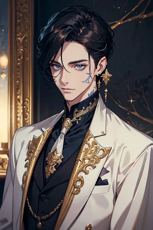 lamplight, Close-up cleavage, Handsome men, gold eyes, (Detailed eyes, The eyes are bright:1.2), Medium long black hair, pale-skinned, ear piercings, medium skin, dark blue coat, Meticulous suit, gold accessories on clothes, dark blue ties (perfect anatomia:1.2), Highqualityshadow, natural  lightting, (White highlights:1.2), natta, overcast day, (arm tattoos:1.2), (starrysky:1.2)