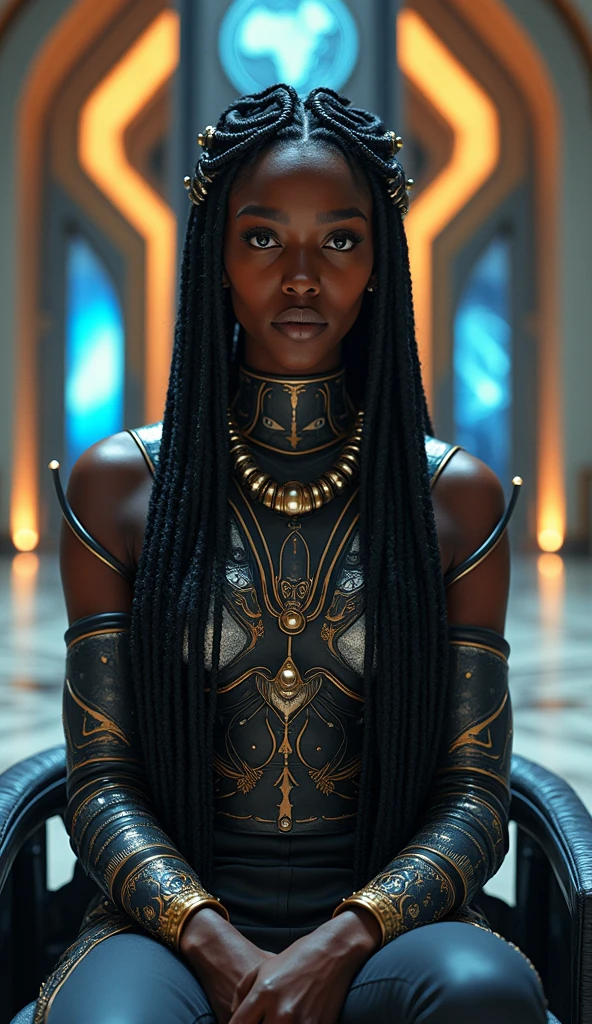 Create a 4K, ultra-realistic image of the African Queen of Nova Aeterna. She has rich, dark skin and regal features, with an elaborate braid hairstyle adorned with metallic beads. She is seated on a sleek, futuristic throne in a grand hall that combines sci-fi and medieval elements. Her attire blends traditional African royal designs with high-tech armor, featuring intricate patterns and luminous accents. The scene is softly illuminated, highlighting her powerful and wise expression. Focus on realistic textures of her attire, the reflective surfaces, and the detailed architectural elements of the throne room.