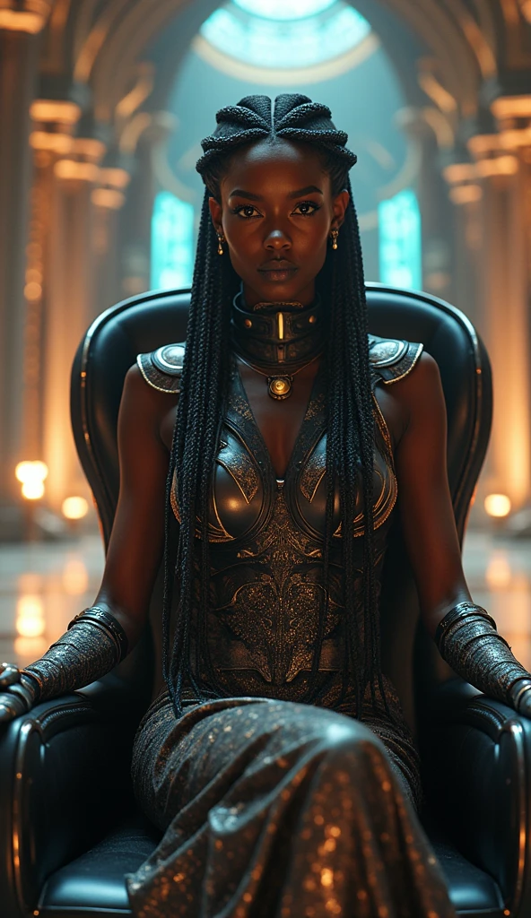 Create a 4K, ultra-realistic image of the African Queen of Nova Aeterna. She has rich, dark skin and regal features, with an elaborate braid hairstyle adorned with metallic beads. She is seated on a sleek, futuristic throne in a grand hall that combines sci-fi and medieval elements. Her attire blends traditional African royal designs with high-tech armor, featuring intricate patterns and luminous accents. The scene is softly illuminated, highlighting her powerful and wise expression. Focus on realistic textures of her attire, the reflective surfaces, and the detailed architectural elements of the throne room.