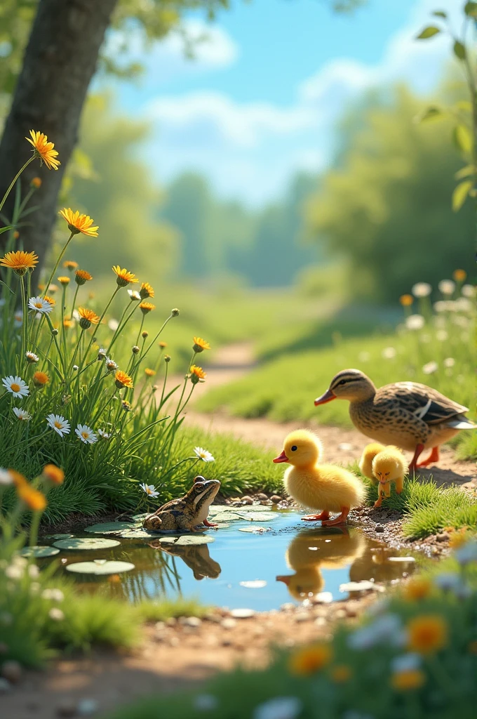 The ground, the pond, the little frog, the duck, the chicks are on the ground.
