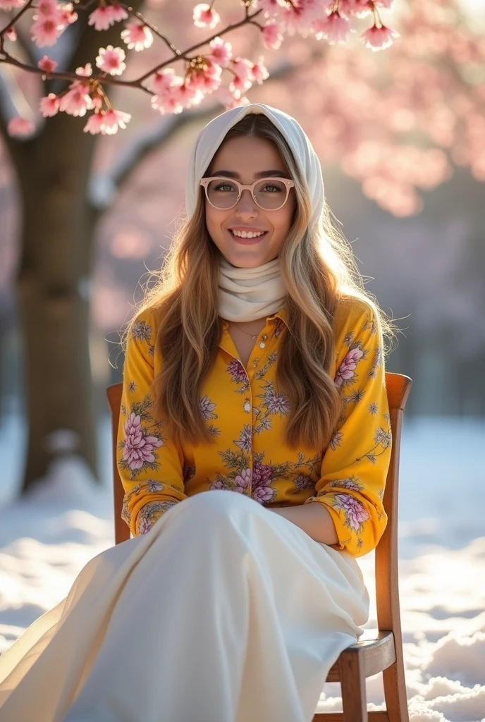 Portrait of a 17 year old Russian girl wearing a hijab but, wearing glasses wearing a brown floral patterned shirt and a long white skirt sitting on a chair near the garden in the yard,and lots of snow and surrounded by beautiful cherry blossom trees facing the camera , the afternoon sunlight shone on her hair