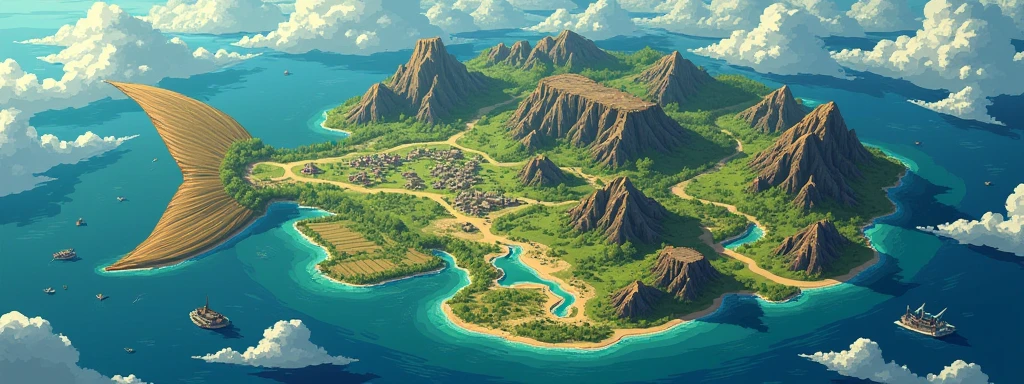 The continent has fish-like shape is divided into five,halo, game map, Hyrule, Ancient Fantasy Regional Map, Highly detailed map,Detailed Map, Height Map,world map、Isekai Map、Map of the Kingdom、Otherworldly Adventure、mountains and rivers、K HD、meticulous、Ground View、Spread up,pixel art