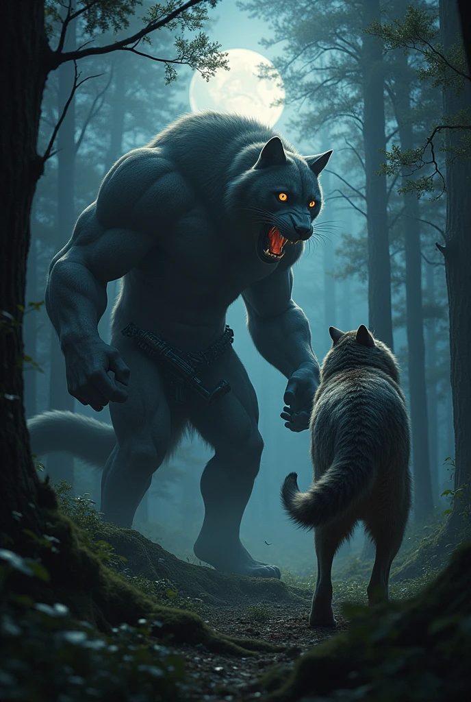 big giant wild cat. He has a gun in his chest.. He fights in the forest with a huge wolf..