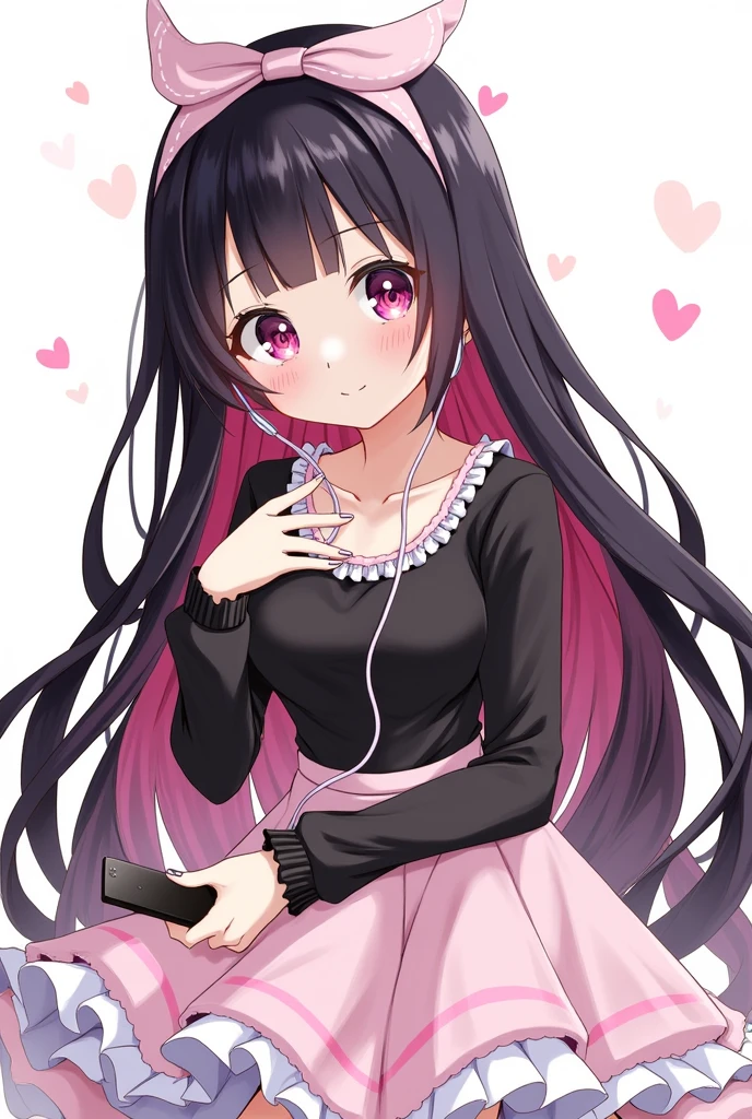 One person, Black Hair,Pink inner color,Long Hair, Gaze, Heavy bangs,Half pigtails Close your mouth, Pink eyes, Droopy eyes, Open your eyes, Take a closer look, Hearts in eyes, Simple Background, ribbon, Headband, ピンクのribbonヘアアクセサリー, earphone, Illustration, anime, anime風, skirt,Pale skin,黒色✨長袖,Frills,Mine system,smartphone,Looking down,No eyebrows,Red eyeshadow under the eyes