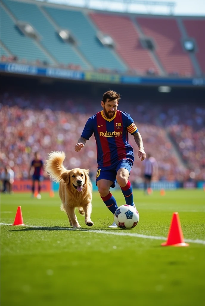 A dog in a football ground playing football with messi
