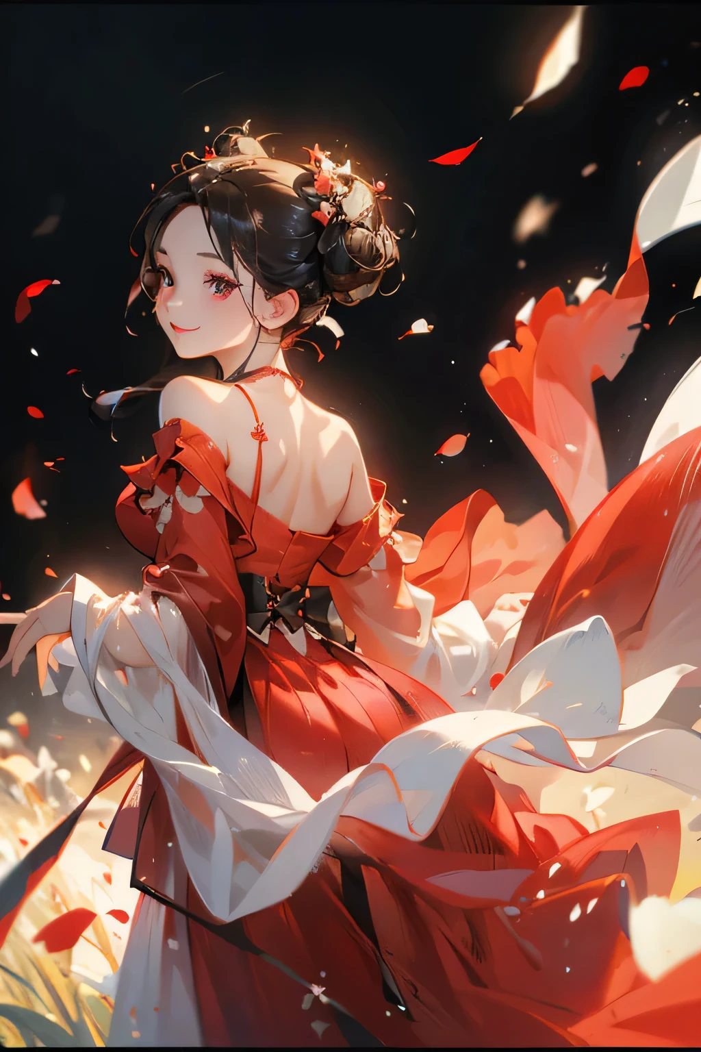 Best quality, masterpiece, ultra high res, (photorealistic:1.4), raw photo, 1girl, red dress, off shoulder, black eyes, blossom flower field, glowing skin, big black bun in her hair, light smile, dancing pose, accurate, detailed