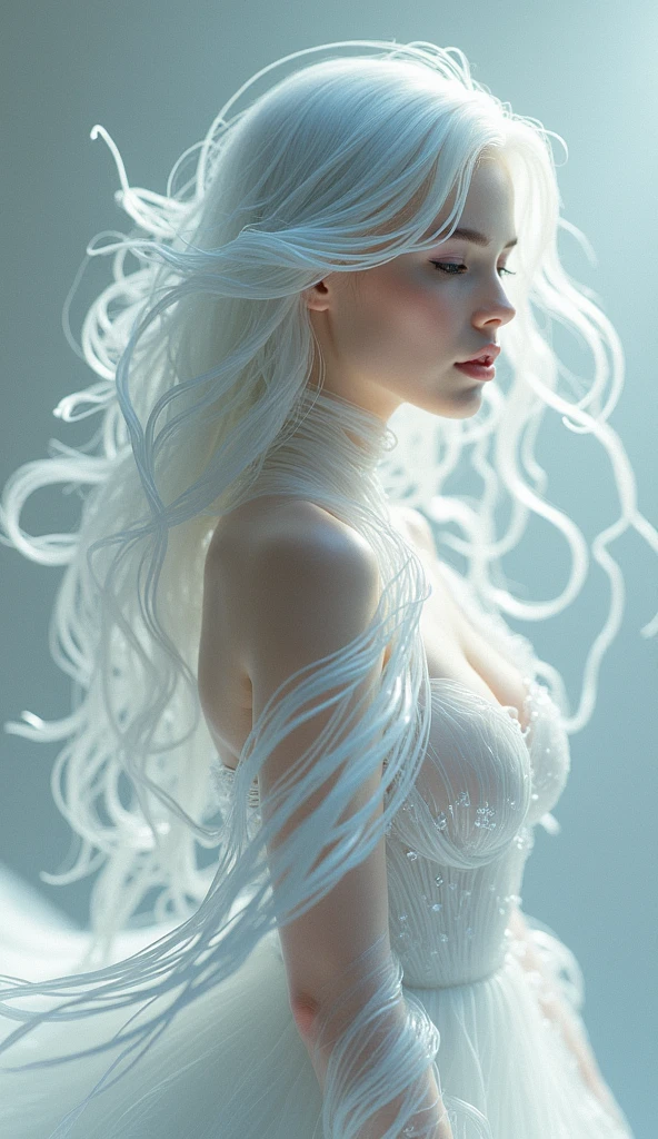 Create a spectral woman with a (translucent appearance:1.3),Her form is barely tangible,with a soft glow emanating from her gentle contours,The surroundings subtly distort through her ethereal presence,casting a dreamlike ambiance,(white hair:0.1),