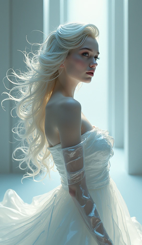 The contrast between the art of the woman's glass form, her hair shiny with nylon threads, her dress-like outfit made of plastic, and her milky skin enhanced by bold and alluring makeup evokes a sense of daydreaming, a surrealism wrapped in delicate precision, all wrapped up in a 3D renderings and depicted through the lens of Octane. Highest quality images, ultra-high resolution. By Monique Moro.
