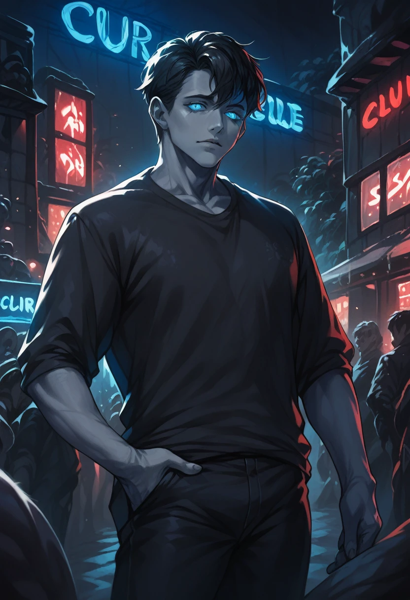 Outdoors, black mature male, wearing black and red floral shirt, wearing black dress pants, blue eyes, glowing eyes, short hair, grey skin, club environment, night, blue neon signs, 8k, Unreal engine, highly detailed, photorealistic, 