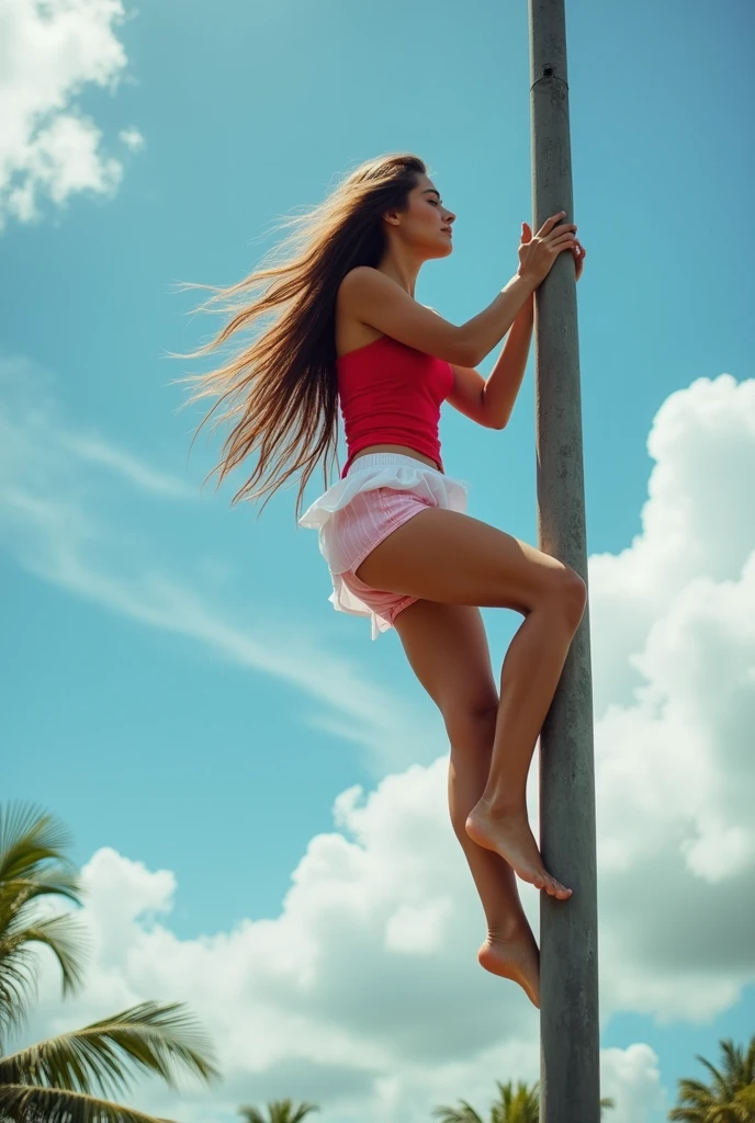 A beautiful woman climbs a tall pole wearing a red tank top and a white short skirt blowing in the wind., Inside the skirt you can see pink shorts
