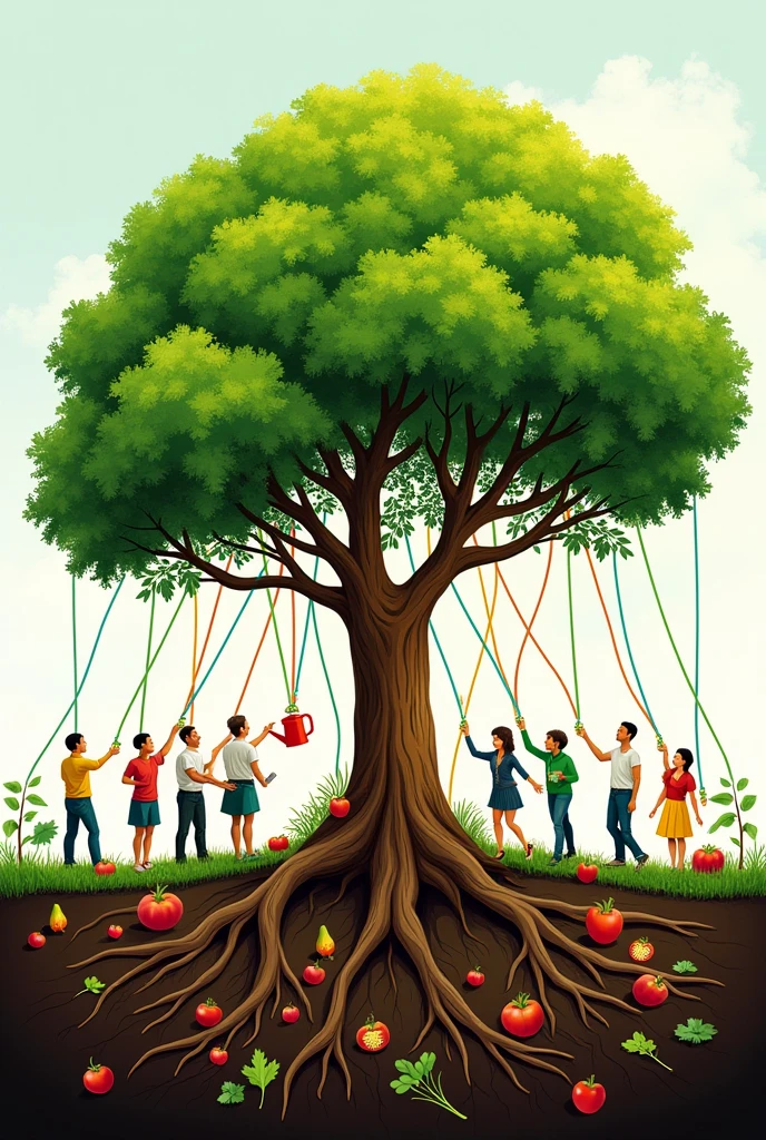 Create a rectangular horizontal image with a tree at the center, representing life and growth.
Around the tree, depict images of people from different walks of life, all interconnected, symbolizing community and cooperation.
Incorporate elements like a recycling symbol, a watering can, and local produce to represent the key messages.