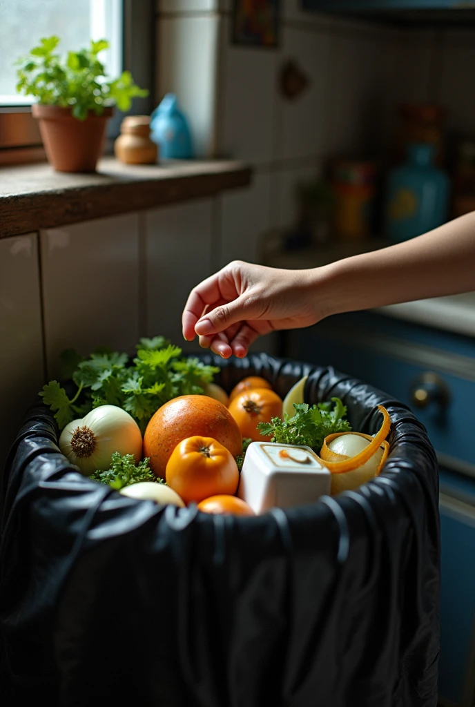 a girl's hand reaches into a dustbin and retrieves the black garbage bag, revealing onion peels, coriander stems, and a few milk cartons inside.
