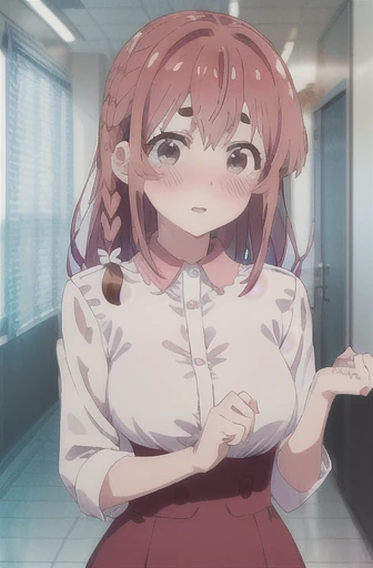 (((Pixel Perfect, Perfect in every detail))), alone, One person, sumi sakurasawa, Collared shirt, Red dress, View your viewers, blush, Embarrassing, Upper Body