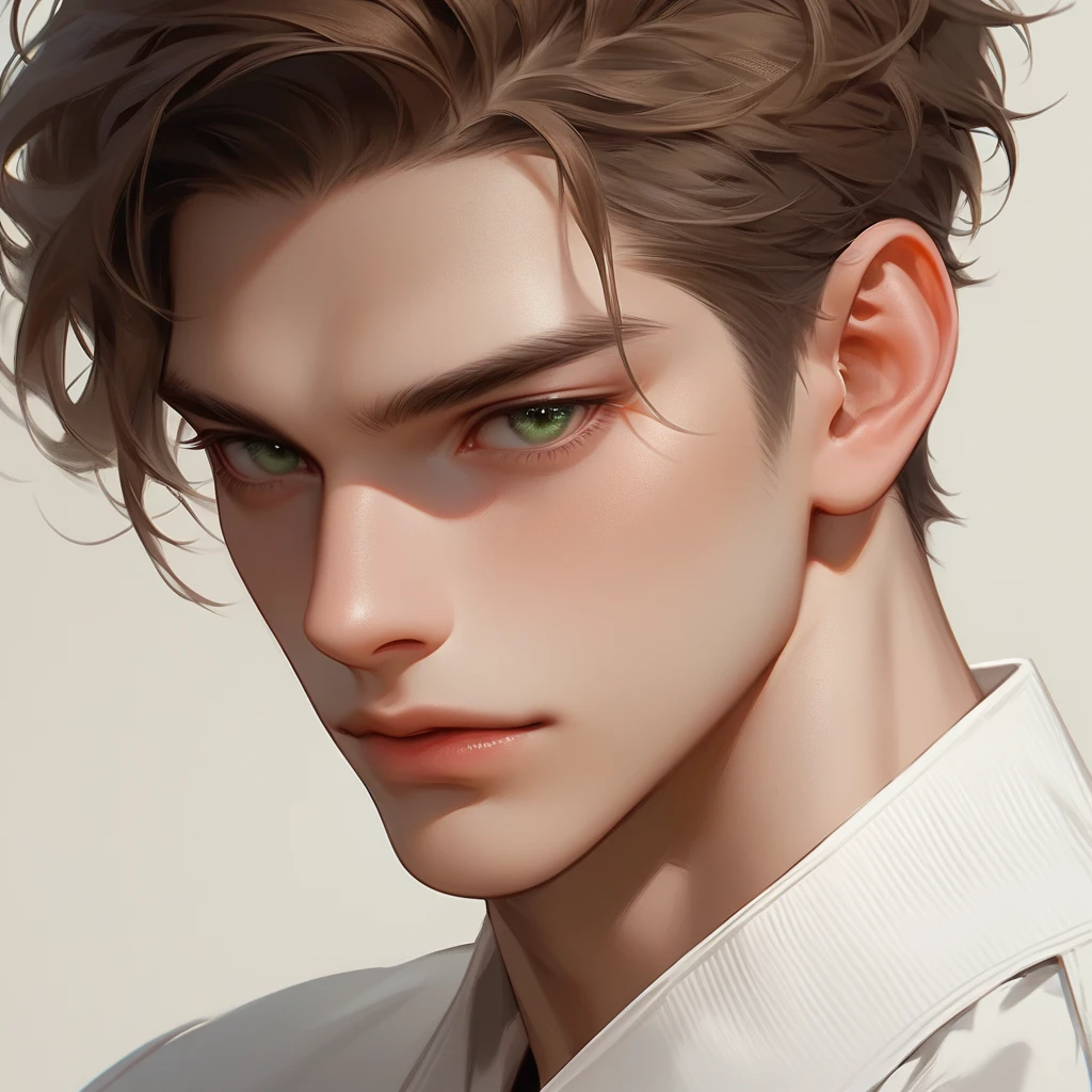 man, short military style brown hair, green eyes, was thick and tall, and had yellowish-white skin, wear a white shirt. Half-Russian-Japanese, muscular, close up, portrait