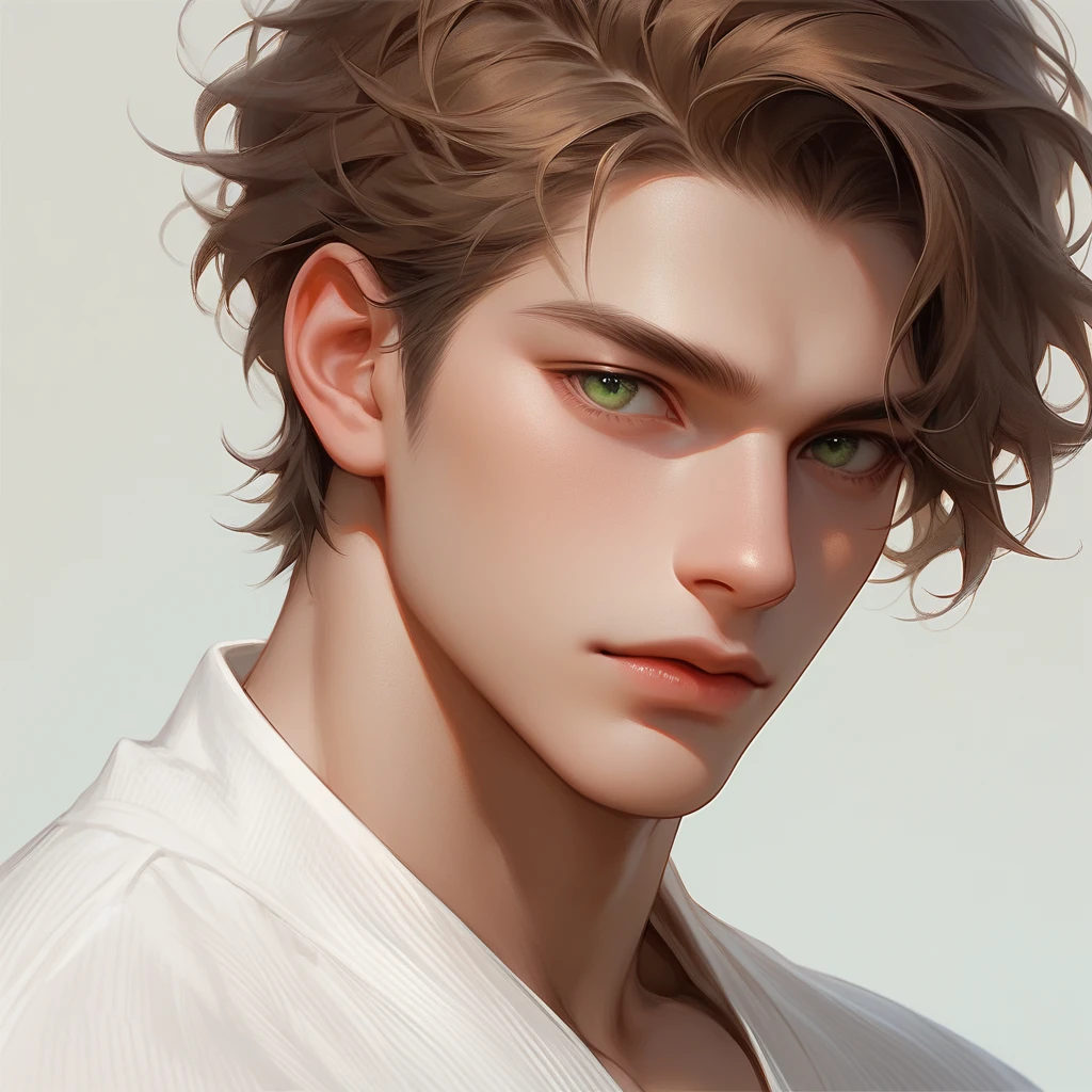 man, short military style brown hair, green eyes, was thick and tall, and had yellowish-white skin, wear a white shirt. Half-Russian-Japanese, muscular, close up, portrait