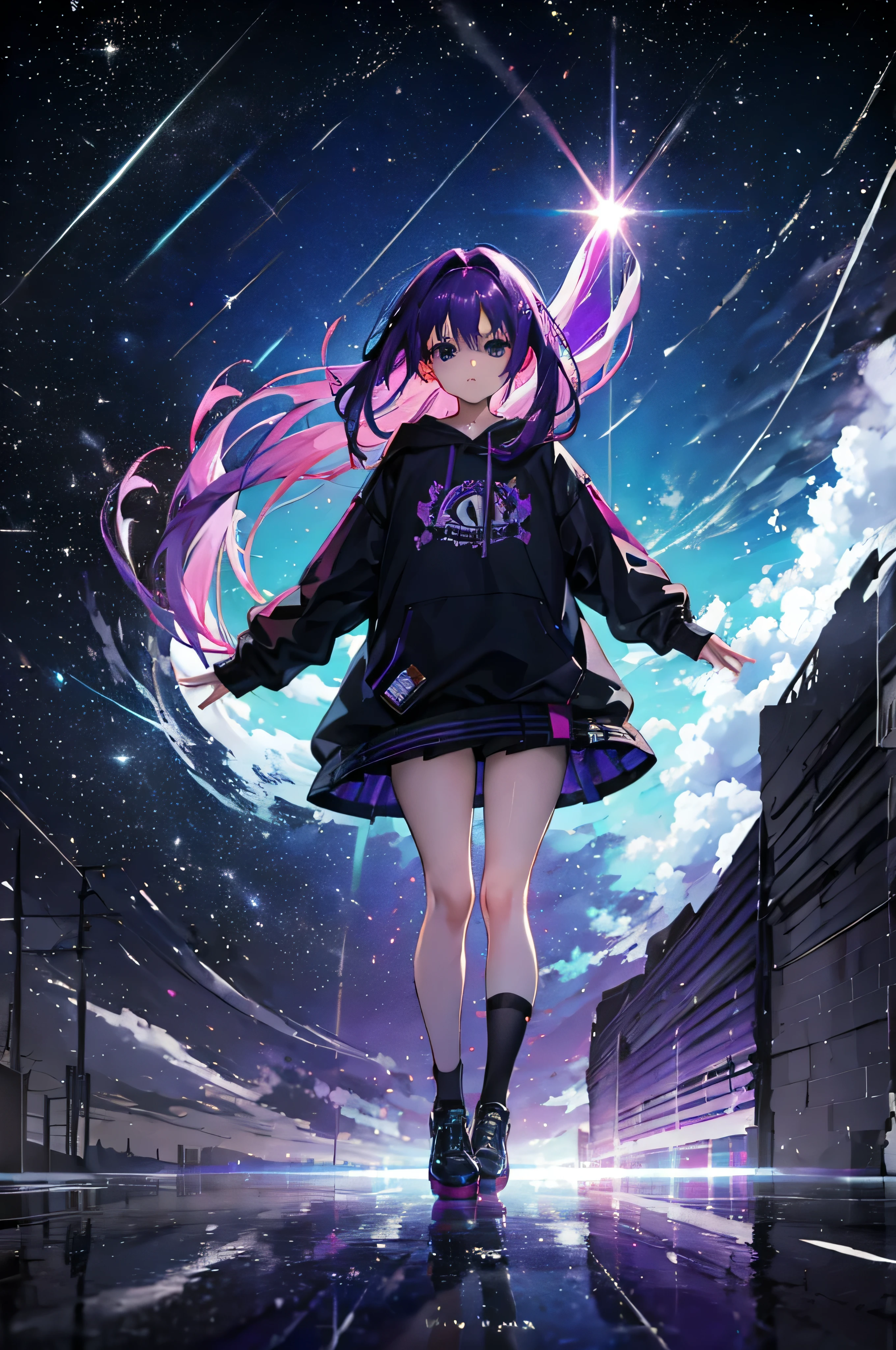 Purple haired girl, about 15 years old, holding massive dark energy, raising both hands up sky, zoom out, broken glass spreading, jumping at sky