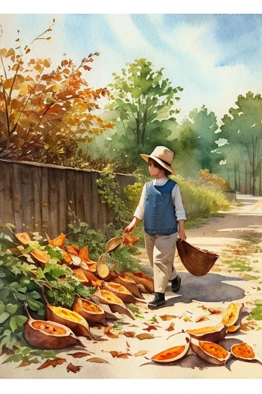 Watercolor illustration of a bipedal cat collecting fallen leaves and roasting sweet potatoes