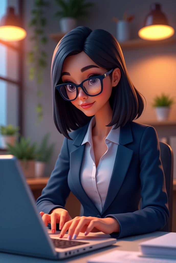 3d cartoon of a woman in an office wearing business clothes, straight black hair and black eyes in laptop
