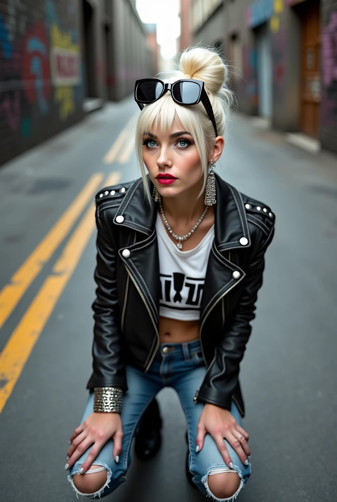 russian old milf woman, platinum blonde hair (huge top bun) and sunglasses as headband (big maxi glasses), with very light blue eyes, extremely pale. Wearing cropped black moto jacket with white seams and lots of pins and zippers, white cropped t-shirt with rock band logo, dark grey jeans with holes in knees and pointy Chelsea boots with cuban heels . Lots of metallic bracelets and collars. Tacky leather belt with oversized buckle. Long earrings. Kneeling in a payer, looking up, eyes and mouth wide open in amazement. Hands touching the ground. Listening in amazement to somebody speaking to her, toned six pack abdominals, thin legs and thin arms