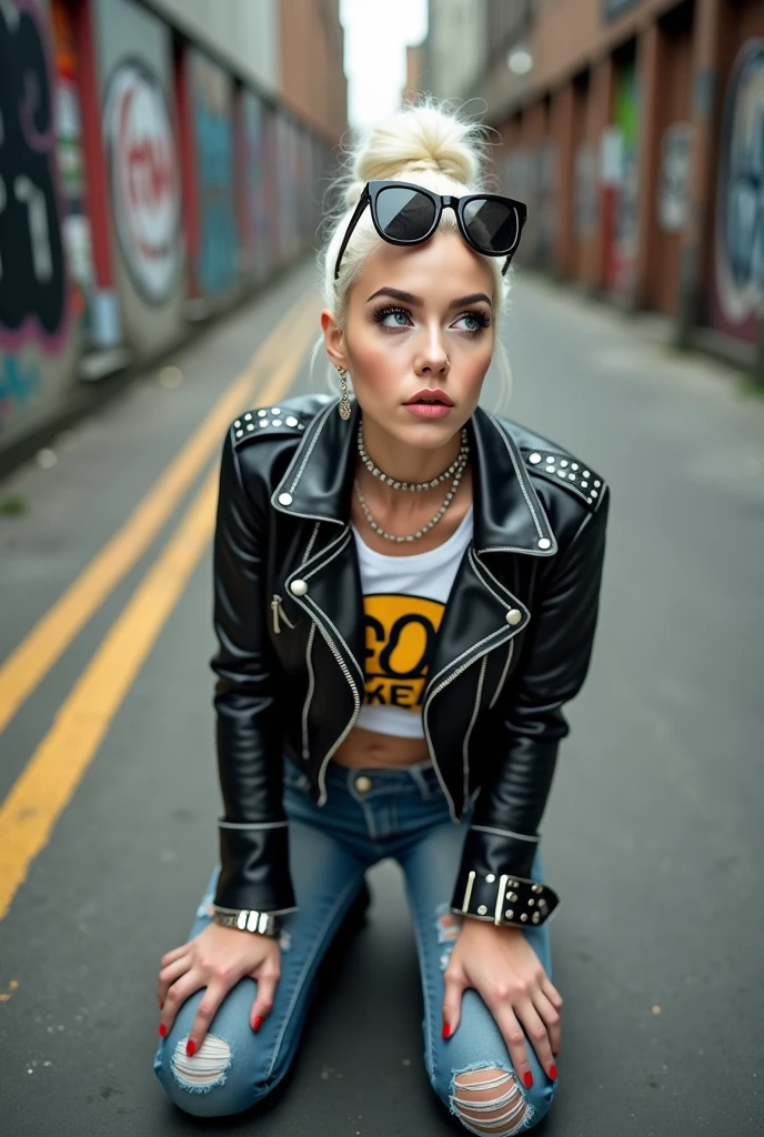 russian old milf woman, platinum blonde hair (huge top bun) and sunglasses as headband (big maxi glasses), with very light blue eyes, extremely pale. Wearing cropped black moto jacket with white seams and lots of pins and zippers, white cropped t-shirt with rock band logo, dark grey jeans with holes in knees and pointy Chelsea boots with cuban heels . Lots of metallic bracelets and collars. Tacky leather belt with oversized buckle. Long earrings. Kneeling in a payer, looking up, eyes and mouth wide open in amazement. Hands touching the ground. Listening in amazement to somebody speaking to her, toned six pack abdominals, thin legs and thin arms